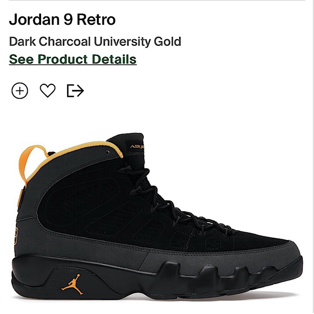 Jordan 9 Retro Black , Dark Charcoal, & University Gold